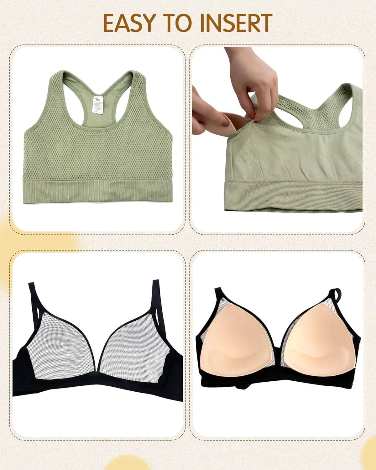 Bra Pads Inserts 4 Pairs Sewn Edges Breast Padding for Sports Bras Swimsuits Bikini A, B, C, D Cup Available