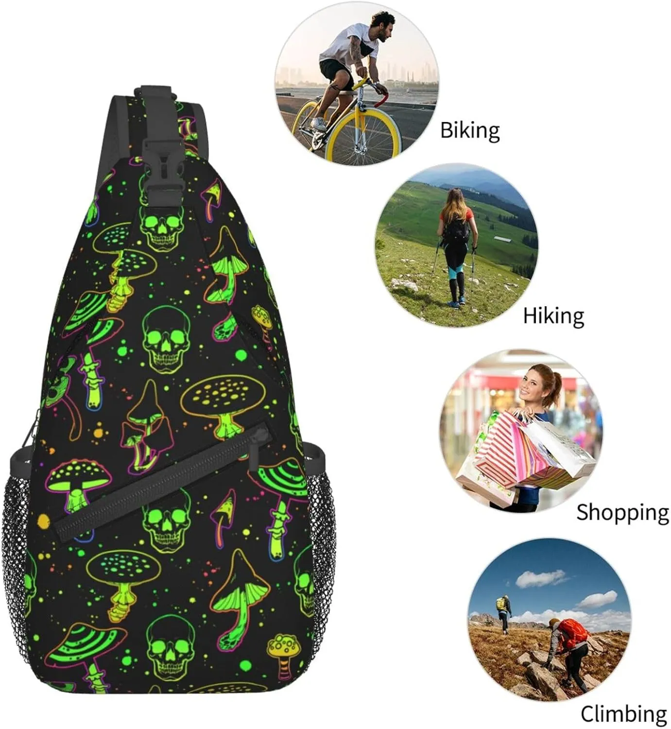 Bright Mushrooms And Skulls Crossbody Sling Bag For Women Men Halloween Chest Bag Shoulder Bag Sling Backpack Travel Hiking Casual Sport Daypack