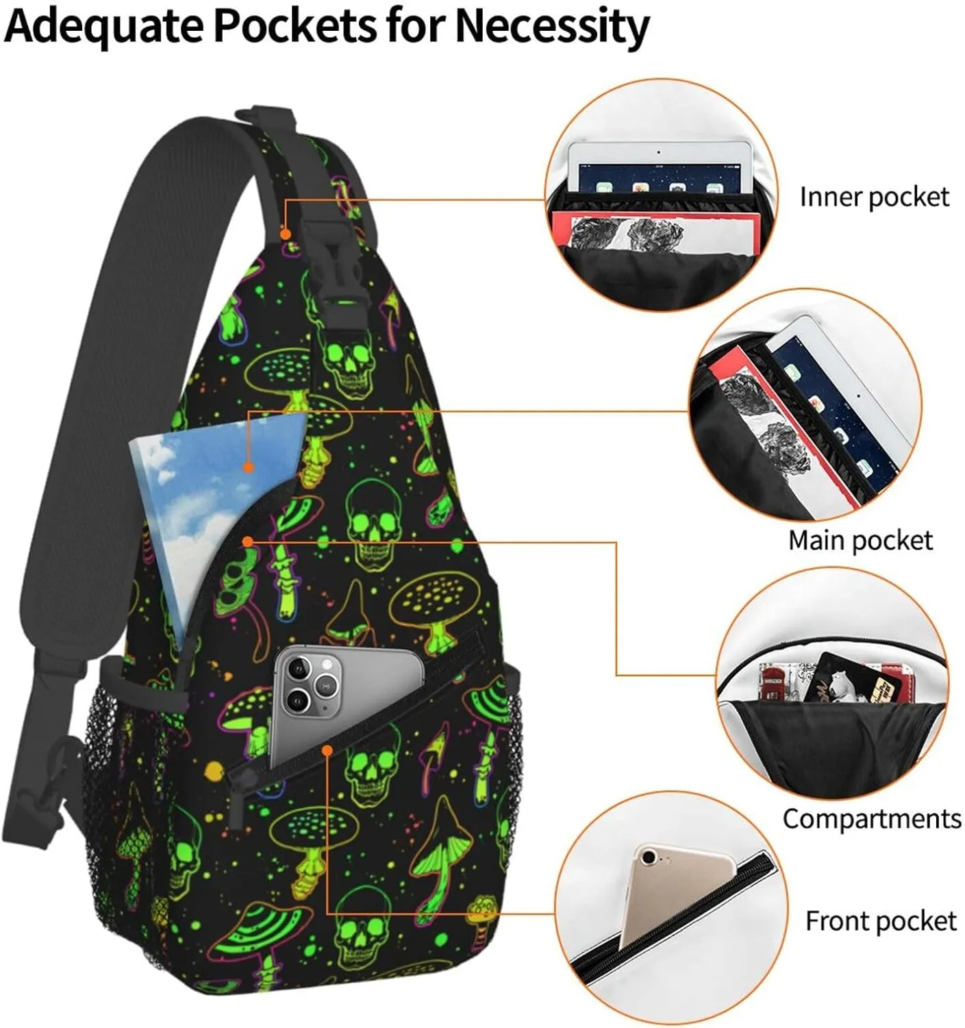 Bright Mushrooms And Skulls Crossbody Sling Bag For Women Men Halloween Chest Bag Shoulder Bag Sling Backpack Travel Hiking Casual Sport Daypack