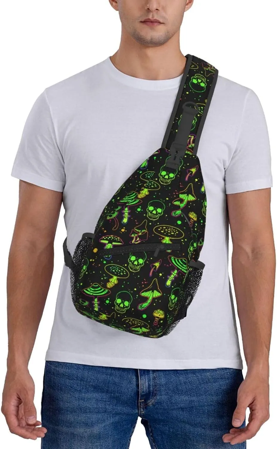 Bright Mushrooms And Skulls Crossbody Sling Bag For Women Men Halloween Chest Bag Shoulder Bag Sling Backpack Travel Hiking Casual Sport Daypack
