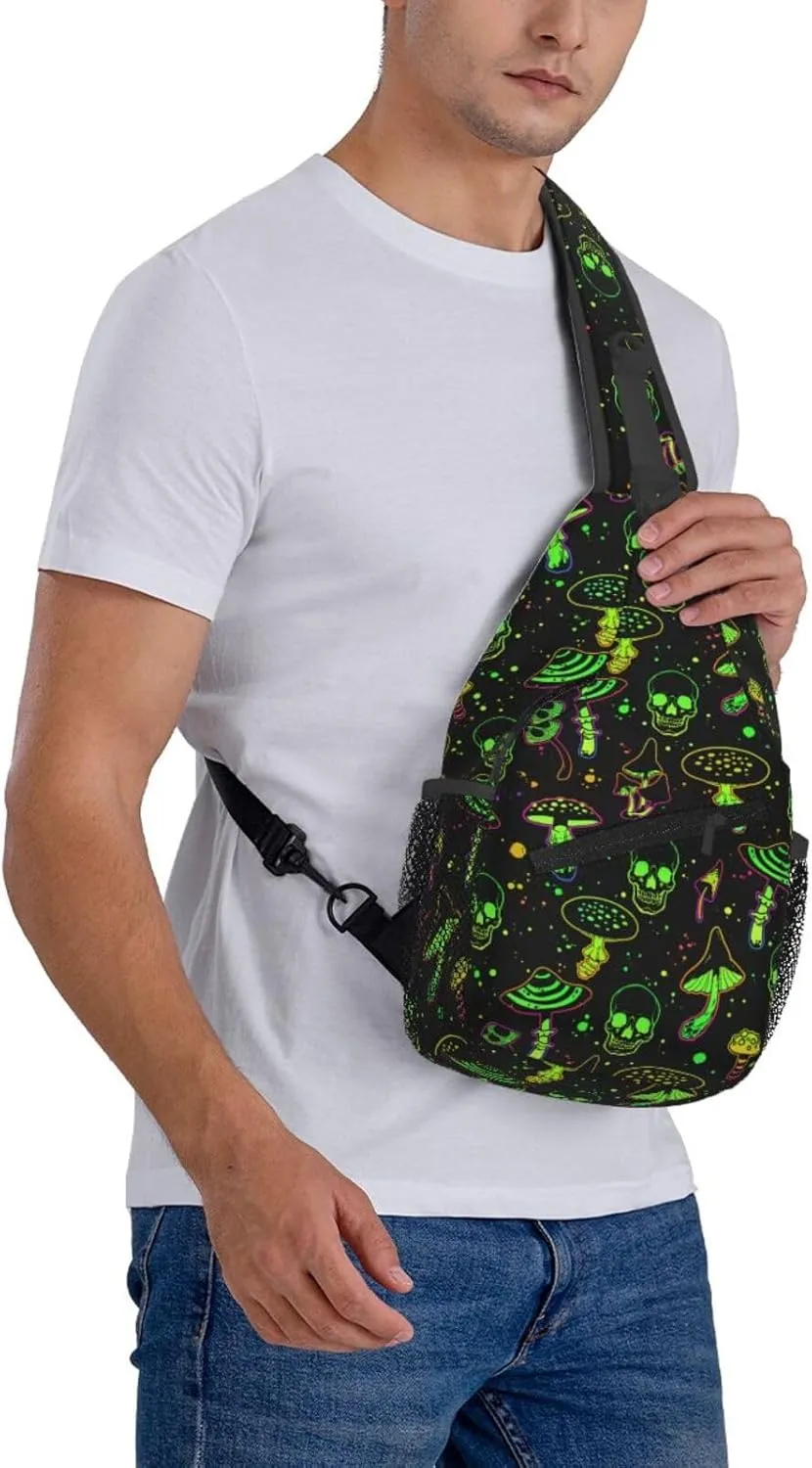 Bright Mushrooms And Skulls Crossbody Sling Bag For Women Men Halloween Chest Bag Shoulder Bag Sling Backpack Travel Hiking Casual Sport Daypack