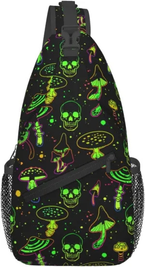 Bright Mushrooms And Skulls Crossbody Sling Bag For Women Men Halloween Chest Bag Shoulder Bag Sling Backpack Travel Hiking Casual Sport Daypack