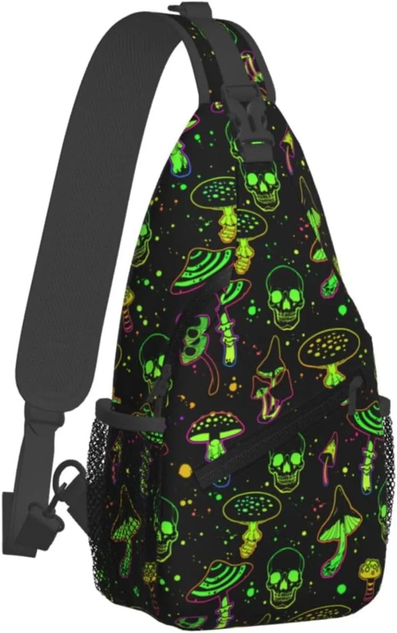 Bright Mushrooms And Skulls Crossbody Sling Bag For Women Men Halloween Chest Bag Shoulder Bag Sling Backpack Travel Hiking Casual Sport Daypack