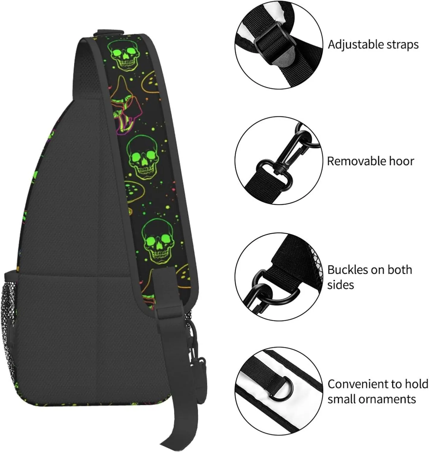 Bright Mushrooms And Skulls Crossbody Sling Bag For Women Men Halloween Chest Bag Shoulder Bag Sling Backpack Travel Hiking Casual Sport Daypack