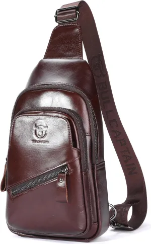 BULLCAPTAIN Leather Sling Chest Bag for Men Outdoor Hiking Travel Crossbody Bag Backpack with USB Charging Port