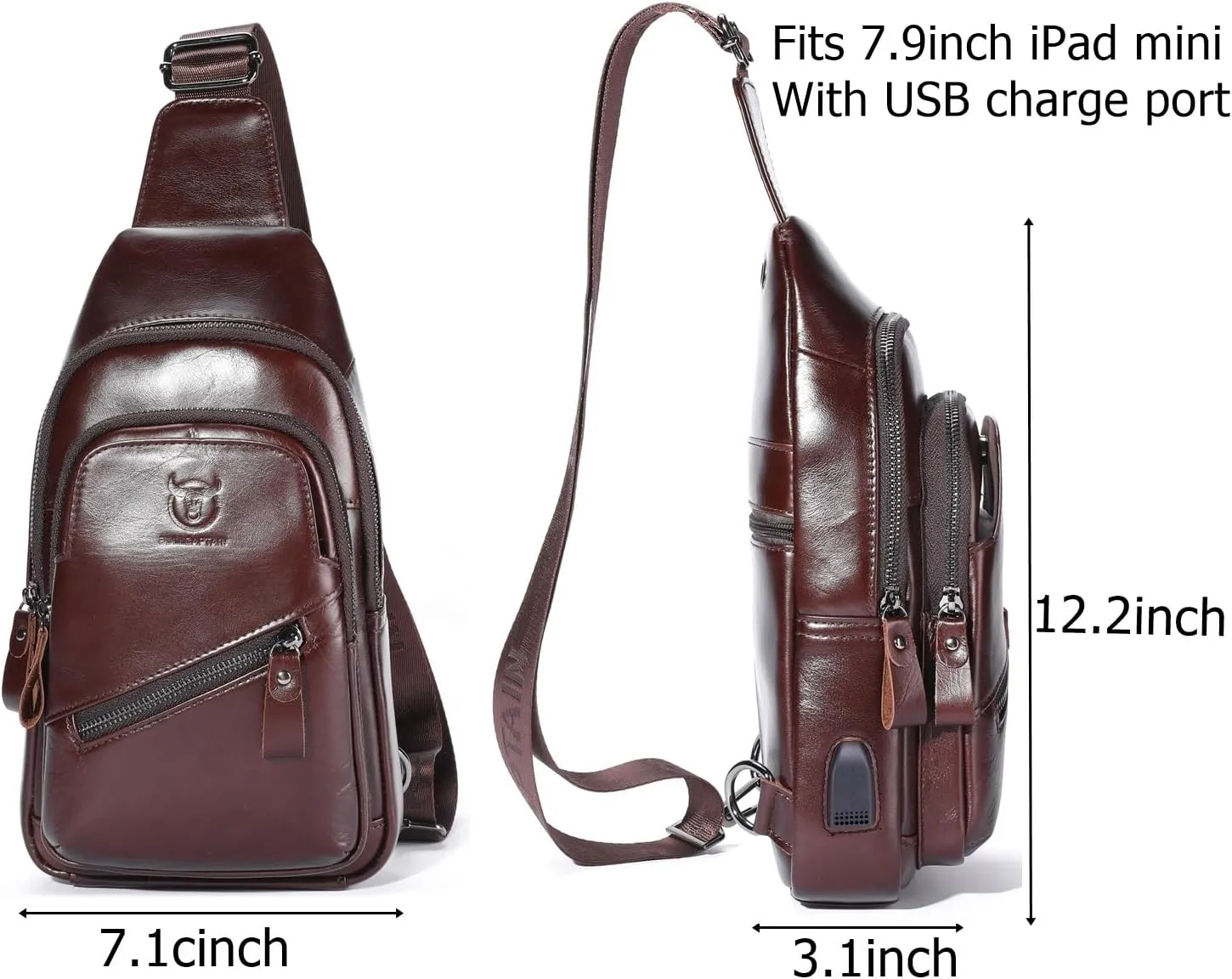 BULLCAPTAIN Leather Sling Chest Bag for Men Outdoor Hiking Travel Crossbody Bag Backpack with USB Charging Port