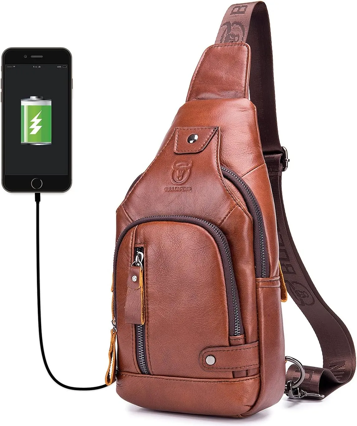 BULLCAPTAIN Men Crossbody Bag with USB Charging Port Genuine Leather Shoulder Sling Chest Bag Travel Hiking Backpack (Brown)