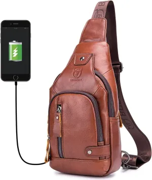 BULLCAPTAIN Men Crossbody Bag with USB Charging Port Genuine Leather Shoulder Sling Chest Bag Travel Hiking Backpack (Brown)