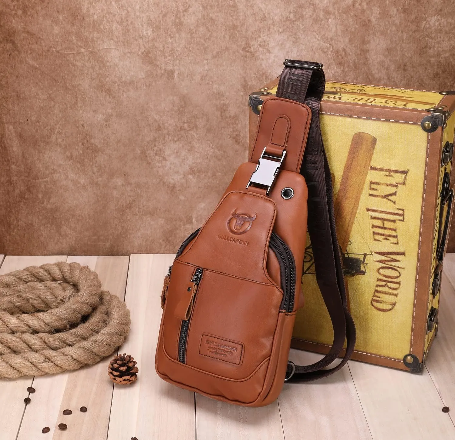 BULLCAPTAIN Sling Bag Genuine Leather Crossbody Backpack Outdoor Travel Chest Bag Daypack (095-Brown3)