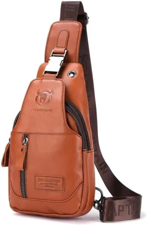 BULLCAPTAIN Sling Bag Genuine Leather Crossbody Backpack Outdoor Travel Chest Bag Daypack (095-Brown3)
