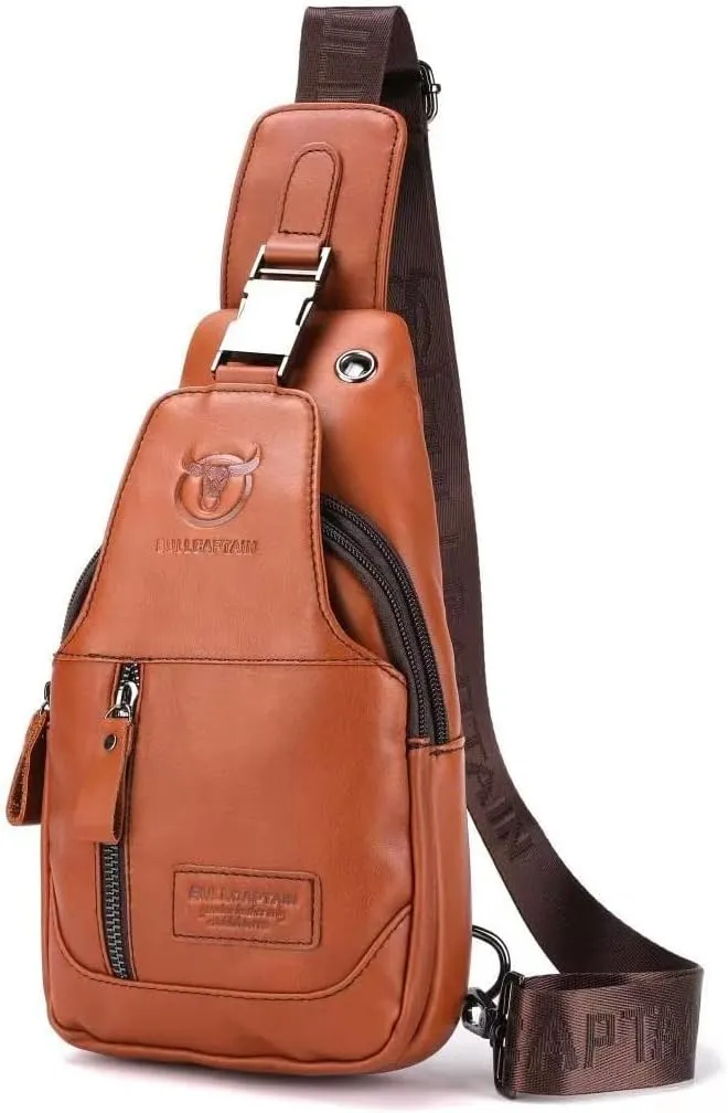 BULLCAPTAIN Sling Bag Genuine Leather Crossbody Backpack Outdoor Travel Chest Bag Daypack (095-Brown3)