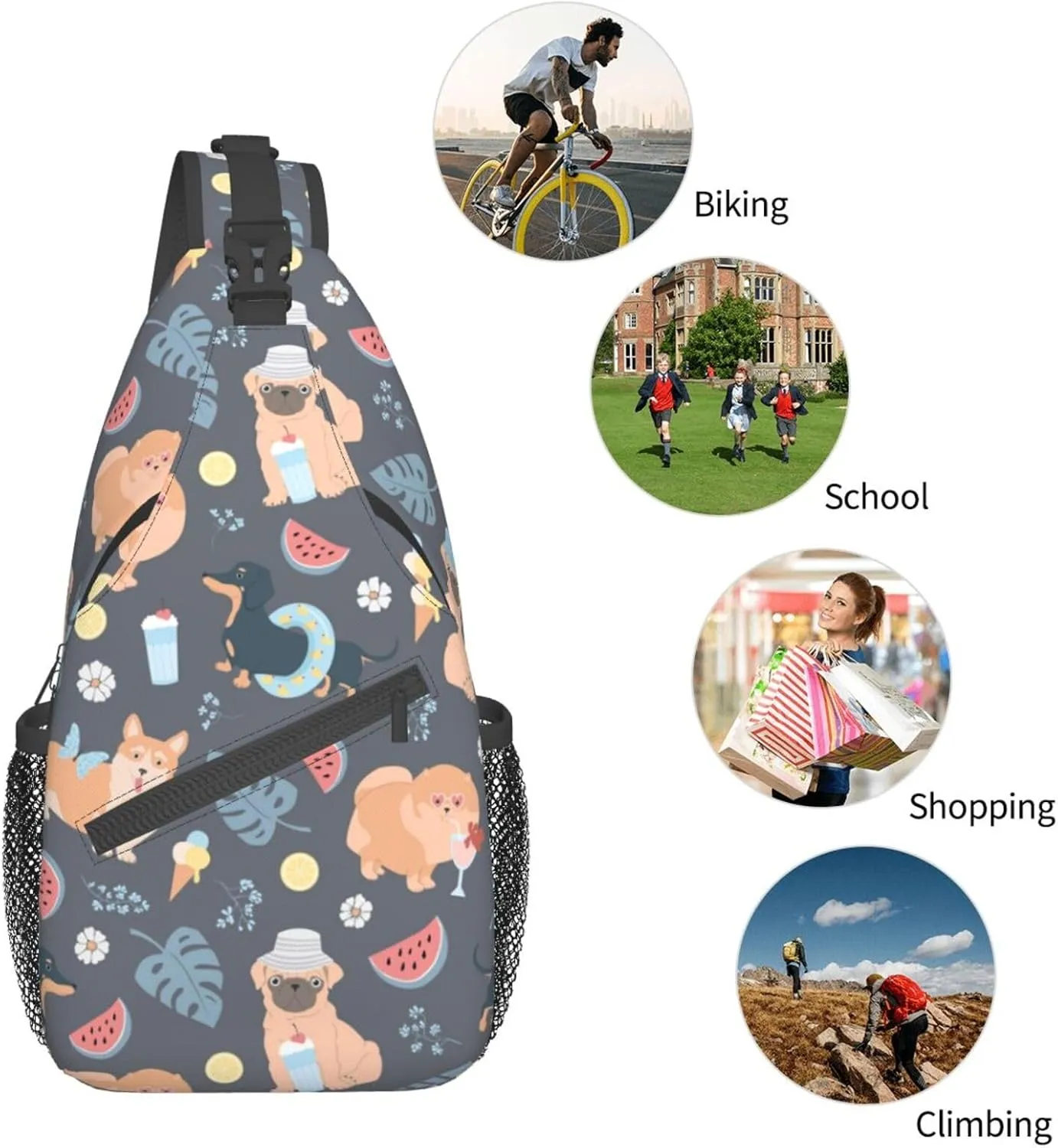 Bulldog Summer Dogs Lemons Flowers Small Sling Bag for Women Men Crossbody Sling Backpack Cycling Hiking Daypack Chest Shoulder Bag with Adjustable Strap