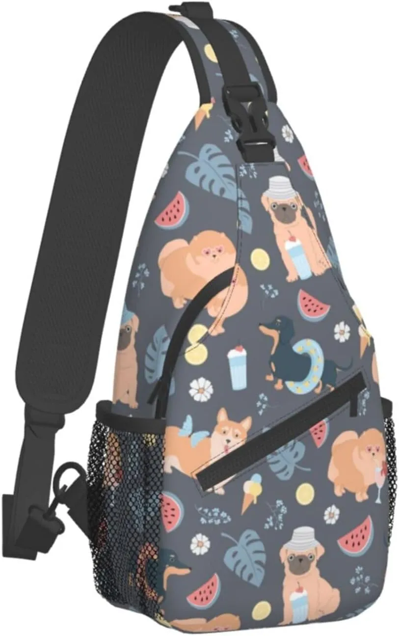 Bulldog Summer Dogs Lemons Flowers Small Sling Bag for Women Men Crossbody Sling Backpack Cycling Hiking Daypack Chest Shoulder Bag with Adjustable Strap