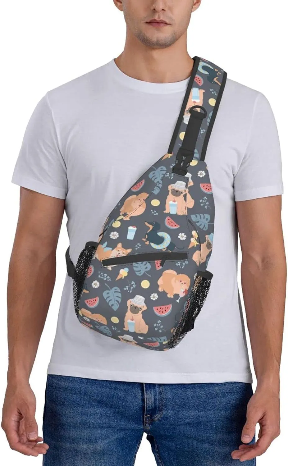 Bulldog Summer Dogs Lemons Flowers Small Sling Bag for Women Men Crossbody Sling Backpack Cycling Hiking Daypack Chest Shoulder Bag with Adjustable Strap