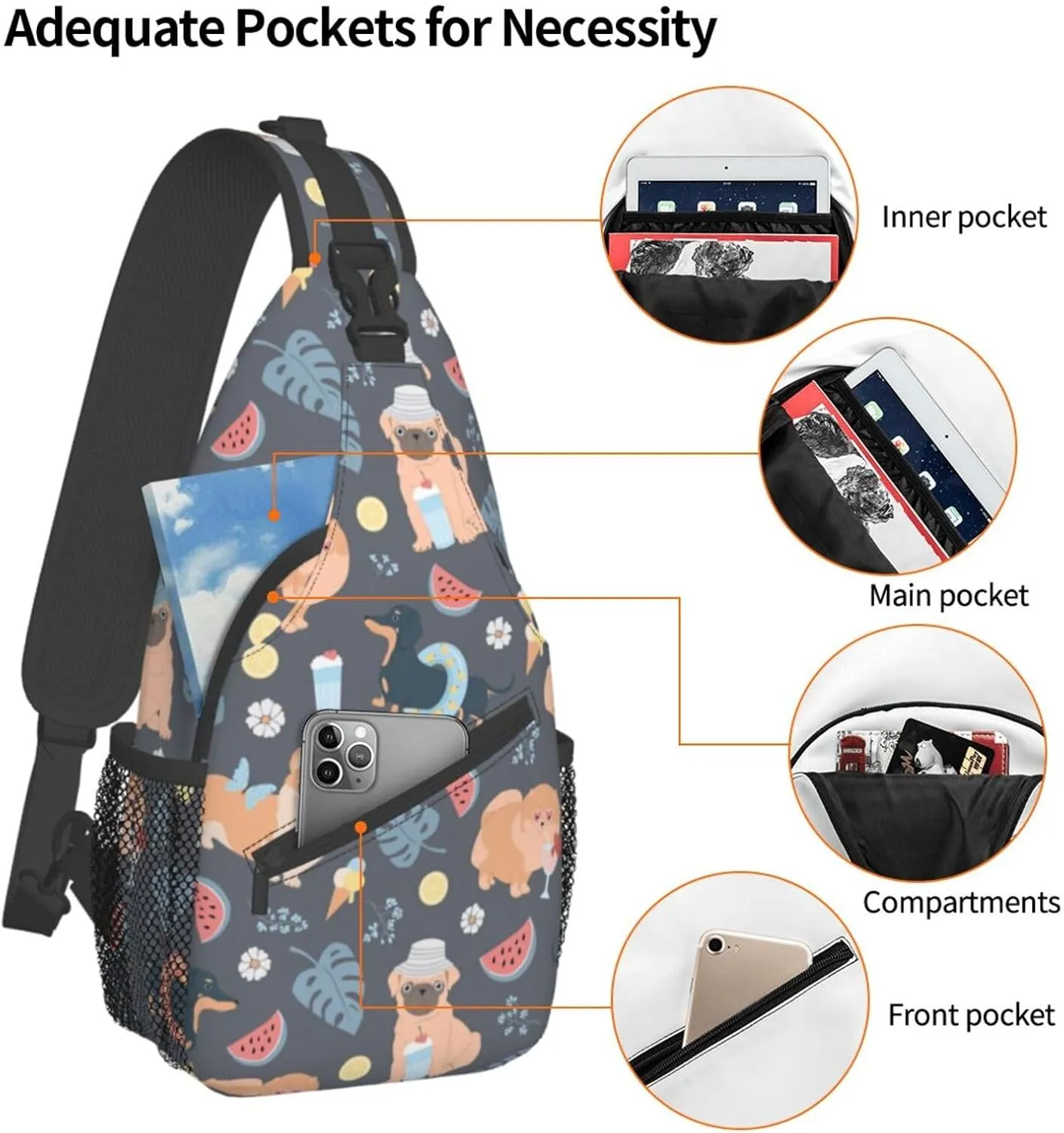 Bulldog Summer Dogs Lemons Flowers Small Sling Bag for Women Men Crossbody Sling Backpack Cycling Hiking Daypack Chest Shoulder Bag with Adjustable Strap