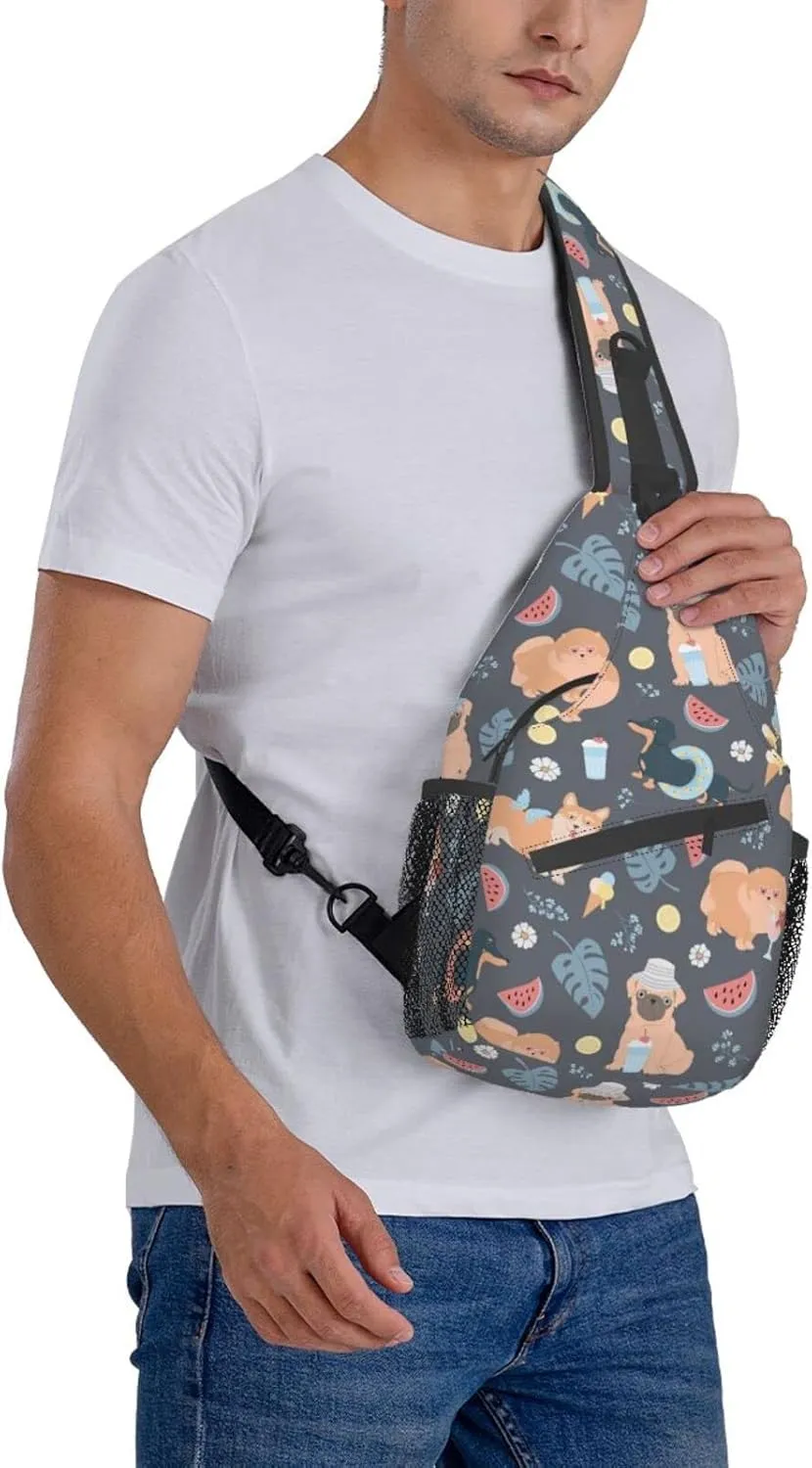Bulldog Summer Dogs Lemons Flowers Small Sling Bag for Women Men Crossbody Sling Backpack Cycling Hiking Daypack Chest Shoulder Bag with Adjustable Strap