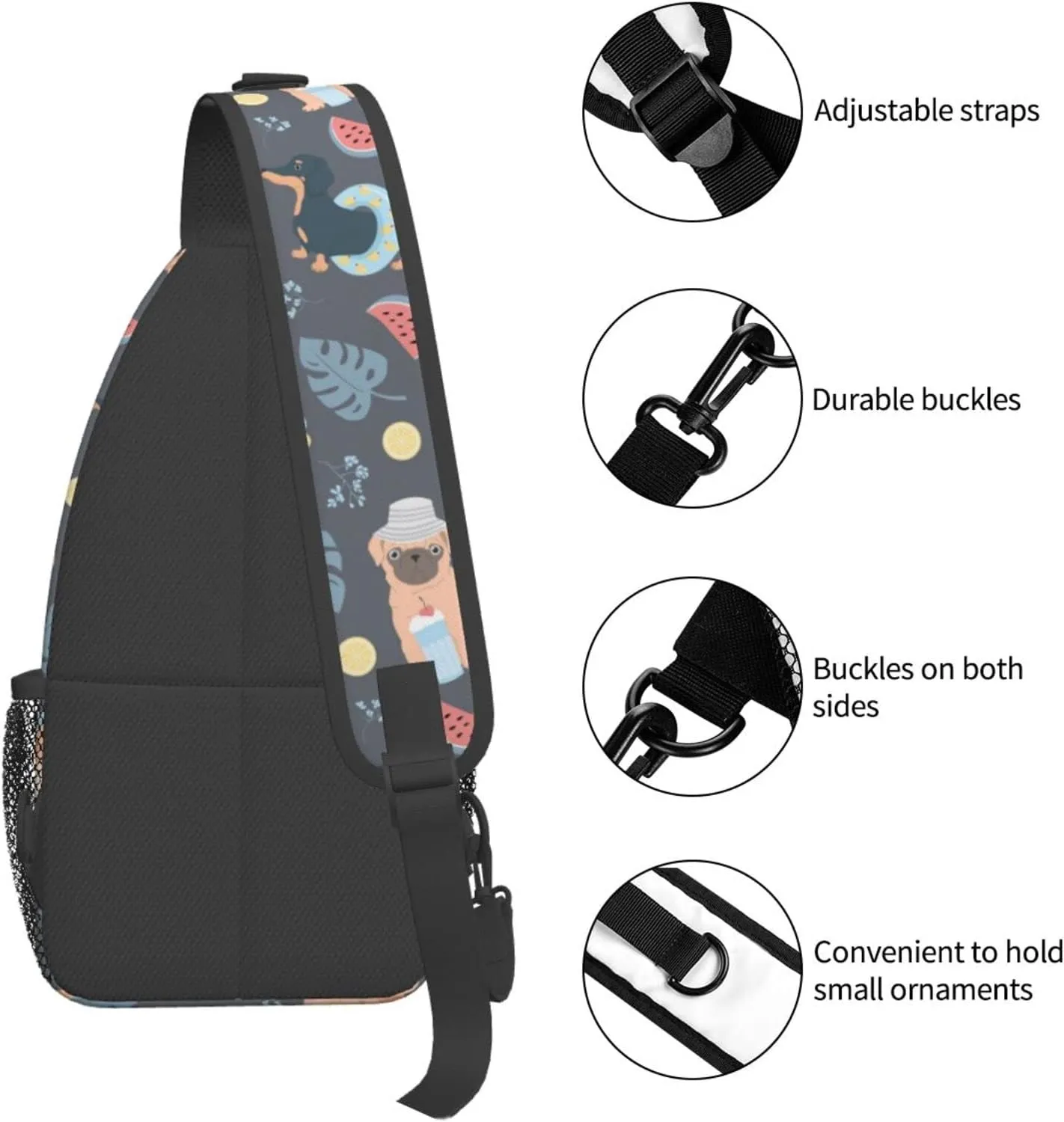 Bulldog Summer Dogs Lemons Flowers Small Sling Bag for Women Men Crossbody Sling Backpack Cycling Hiking Daypack Chest Shoulder Bag with Adjustable Strap