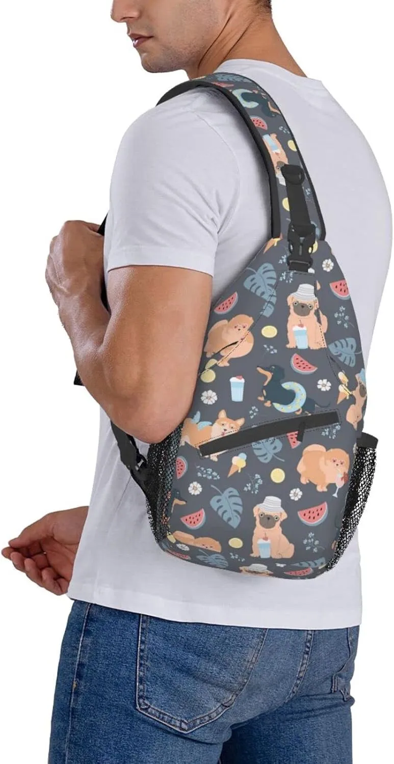 Bulldog Summer Dogs Lemons Flowers Small Sling Bag for Women Men Crossbody Sling Backpack Cycling Hiking Daypack Chest Shoulder Bag with Adjustable Strap
