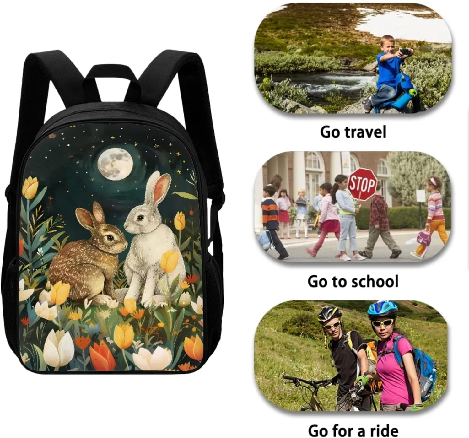 Bunny Bookbag and Lunch Box Set for Boys Shoulder Bag with Soft Pencil Case Keychain Wristlet Strap Adjustable Strap Bookbag for Girls 4-8 Designed To Be Lightweight and Comfortable