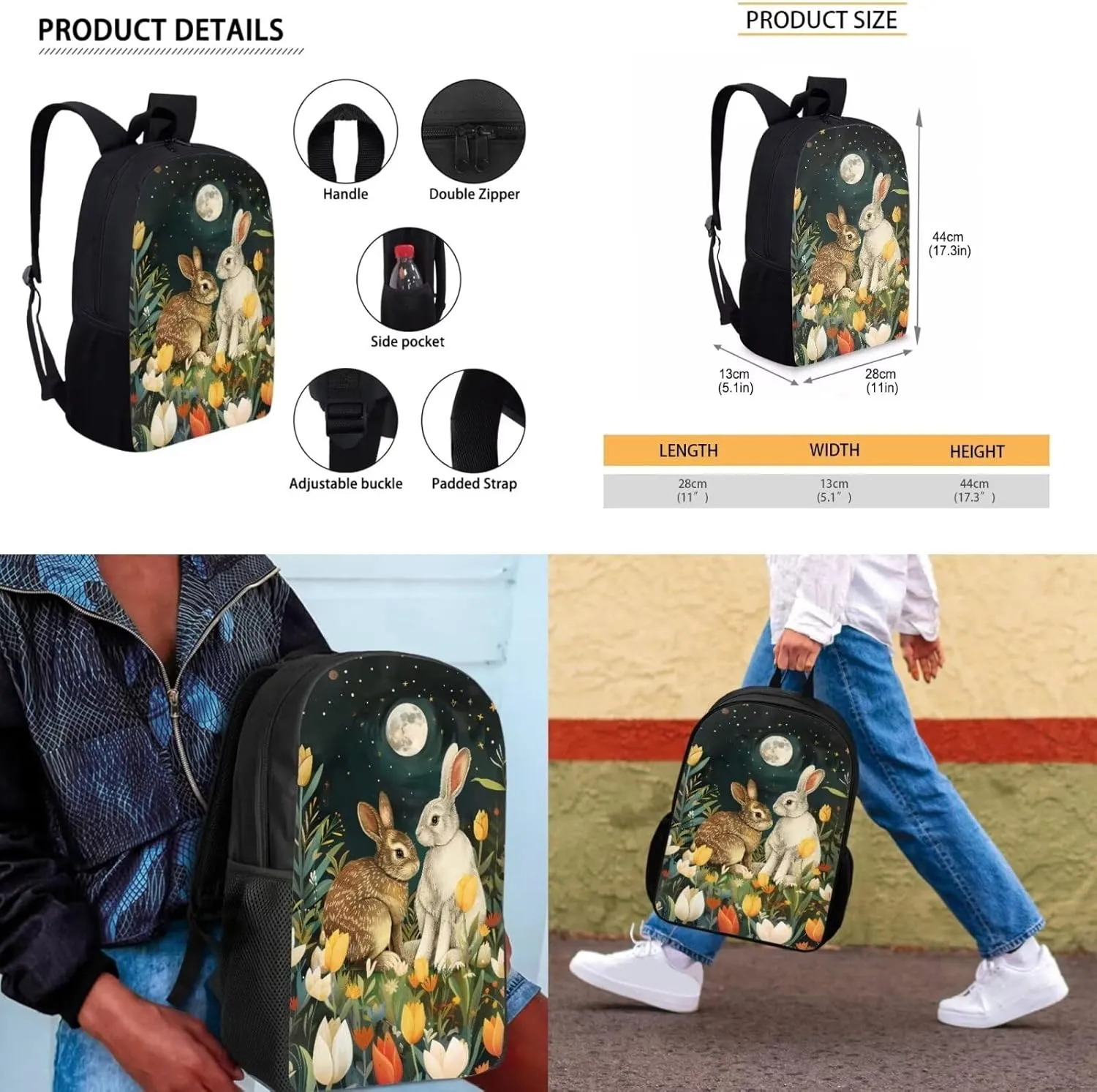 Bunny Bookbag and Lunch Box Set for Boys Shoulder Bag with Soft Pencil Case Keychain Wristlet Strap Adjustable Strap Bookbag for Girls 4-8 Designed To Be Lightweight and Comfortable