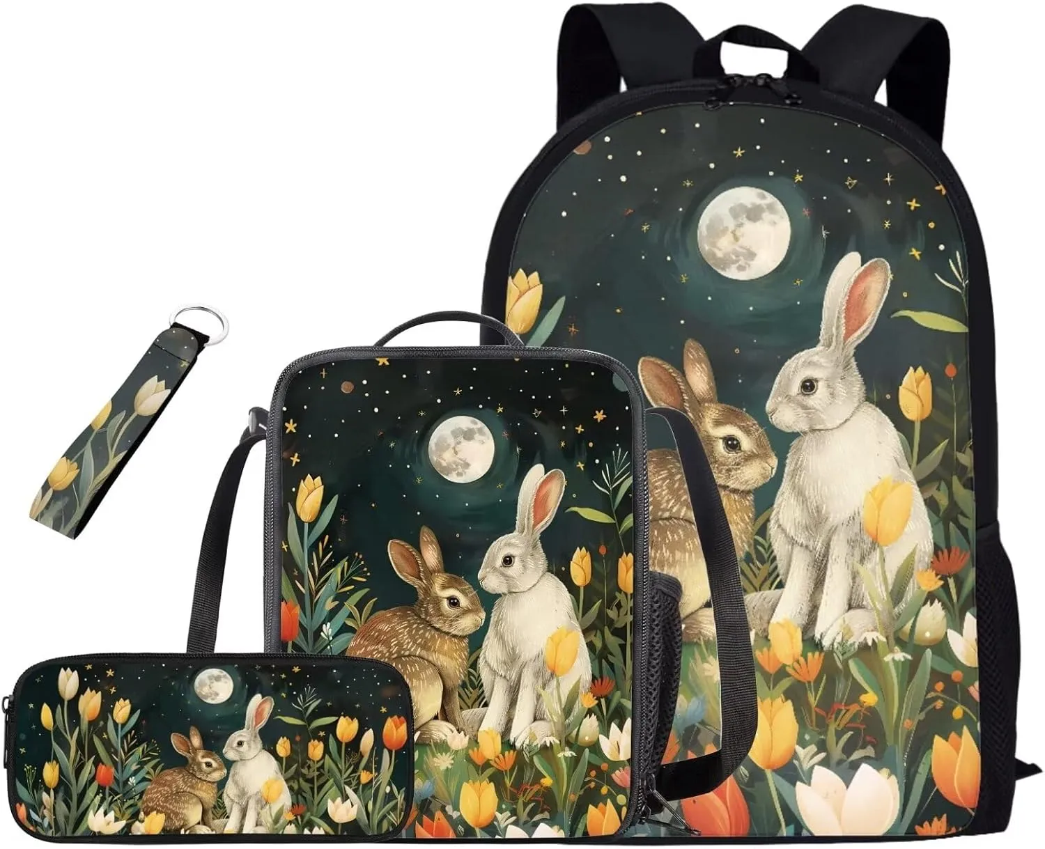 Bunny Bookbag and Lunch Box Set for Boys Shoulder Bag with Soft Pencil Case Keychain Wristlet Strap Adjustable Strap Bookbag for Girls 4-8 Designed To Be Lightweight and Comfortable