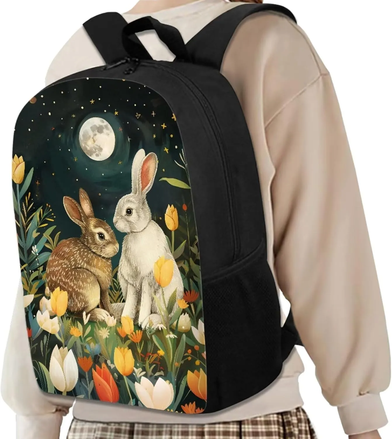 Bunny Bookbag and Lunch Box Set for Boys Shoulder Bag with Soft Pencil Case Keychain Wristlet Strap Adjustable Strap Bookbag for Girls 4-8 Designed To Be Lightweight and Comfortable