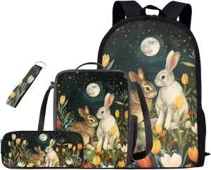 Bunny Bookbag and Lunch Box Set for Boys Shoulder Bag with Soft Pencil Case Keychain Wristlet Strap Adjustable Strap Bookbag for Girls 4-8 Designed To Be Lightweight and Comfortable