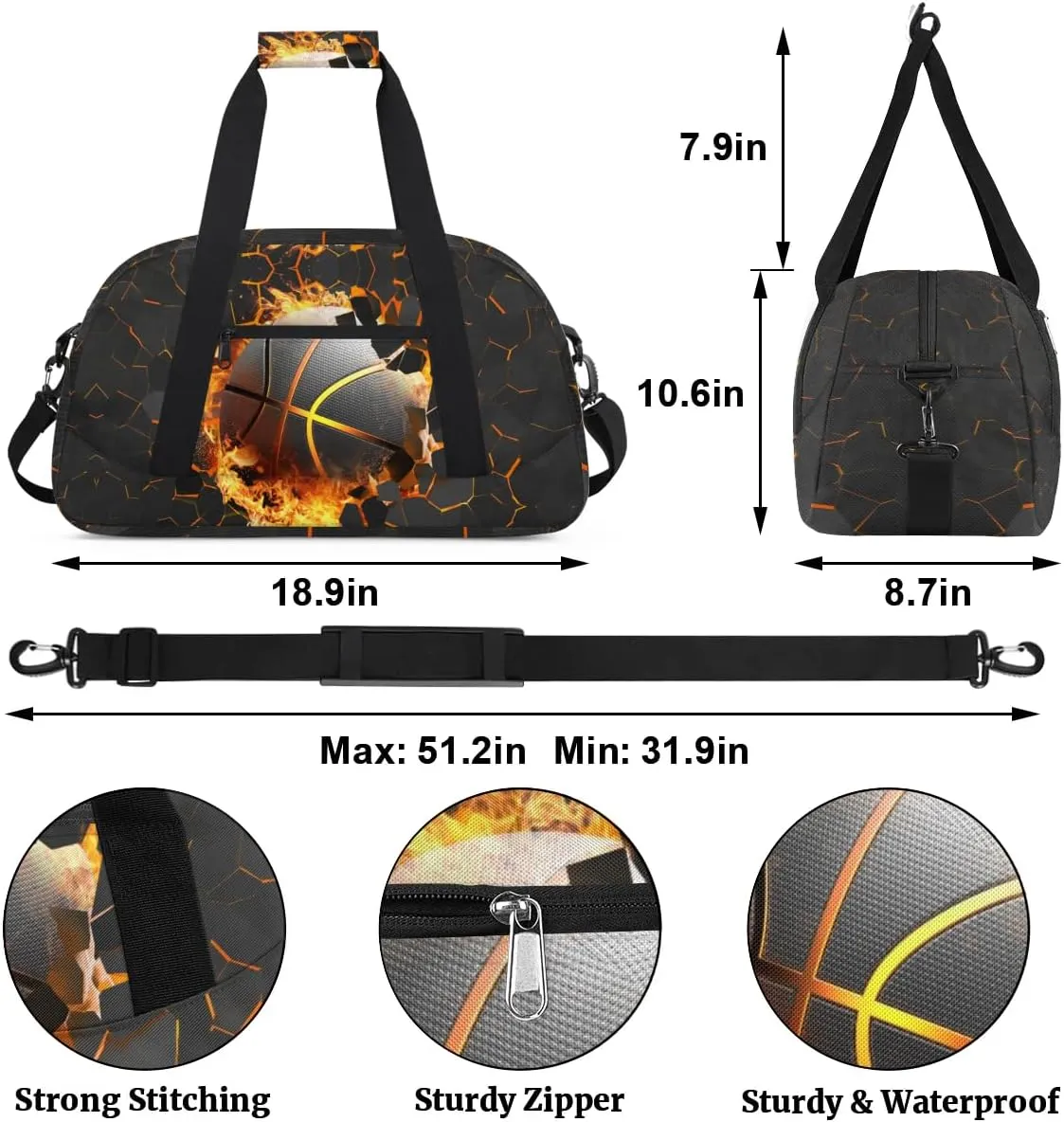 Burning Gold Basketball Kids Duffel Bag for Boys, Sport Ball Sports Gym Bag Overnight Travel Weekender Bag Lightweight Carry On Sleepovers Bag for School Practice Gymnastics