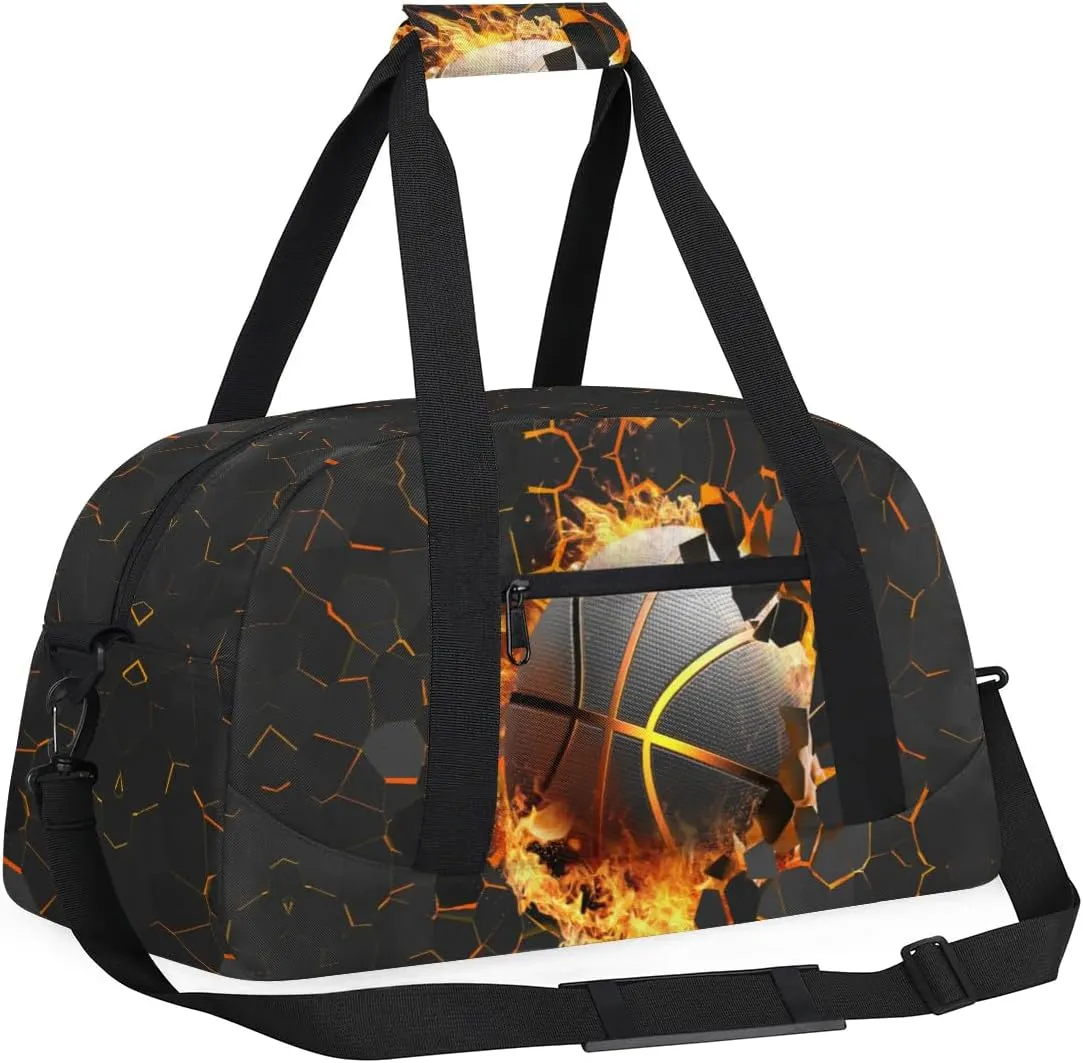 Burning Gold Basketball Kids Duffel Bag for Boys, Sport Ball Sports Gym Bag Overnight Travel Weekender Bag Lightweight Carry On Sleepovers Bag for School Practice Gymnastics