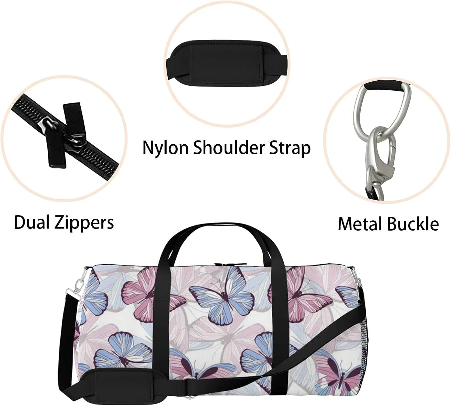 Butterflies Sports Duffel Bag Travel Gym Tote Bags Lightweight Durable Shoulder Strap Waterproof Polyester Outside Mesh Pocket Overnight Trip Duffel Bag for Women Men