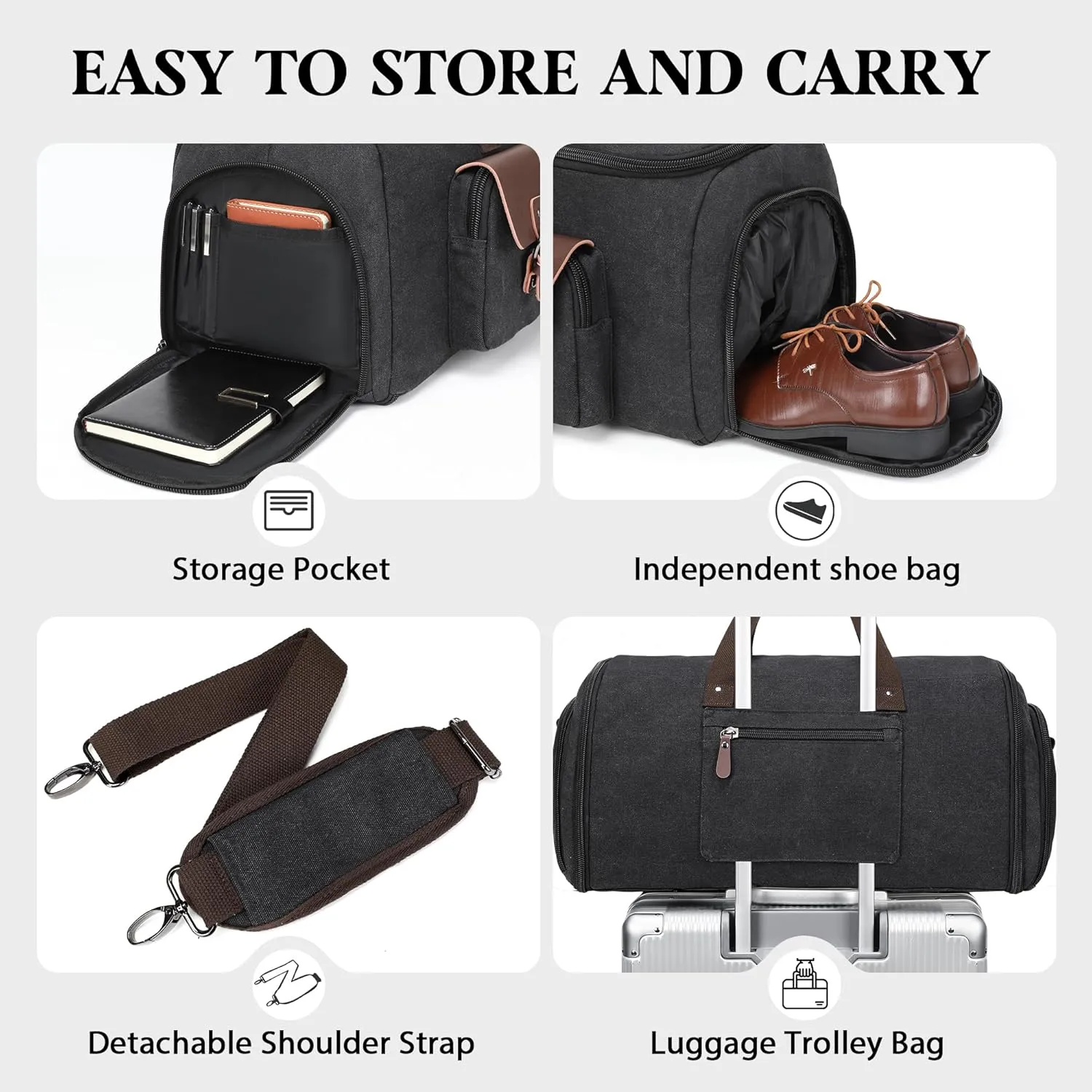 Canvas Garment Bags for Travel, Convertible Carry On Garment Duffel Bag for Men Women, 2 in 1 Suit Bag Hanging Suitcase Business Travel Bag with Shoe Compartment (Black, XL)