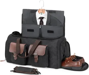 Canvas Garment Bags for Travel, Convertible Carry On Garment Duffel Bag for Men Women, 2 in 1 Suit Bag Hanging Suitcase Business Travel Bag with Shoe Compartment (Black, XL)