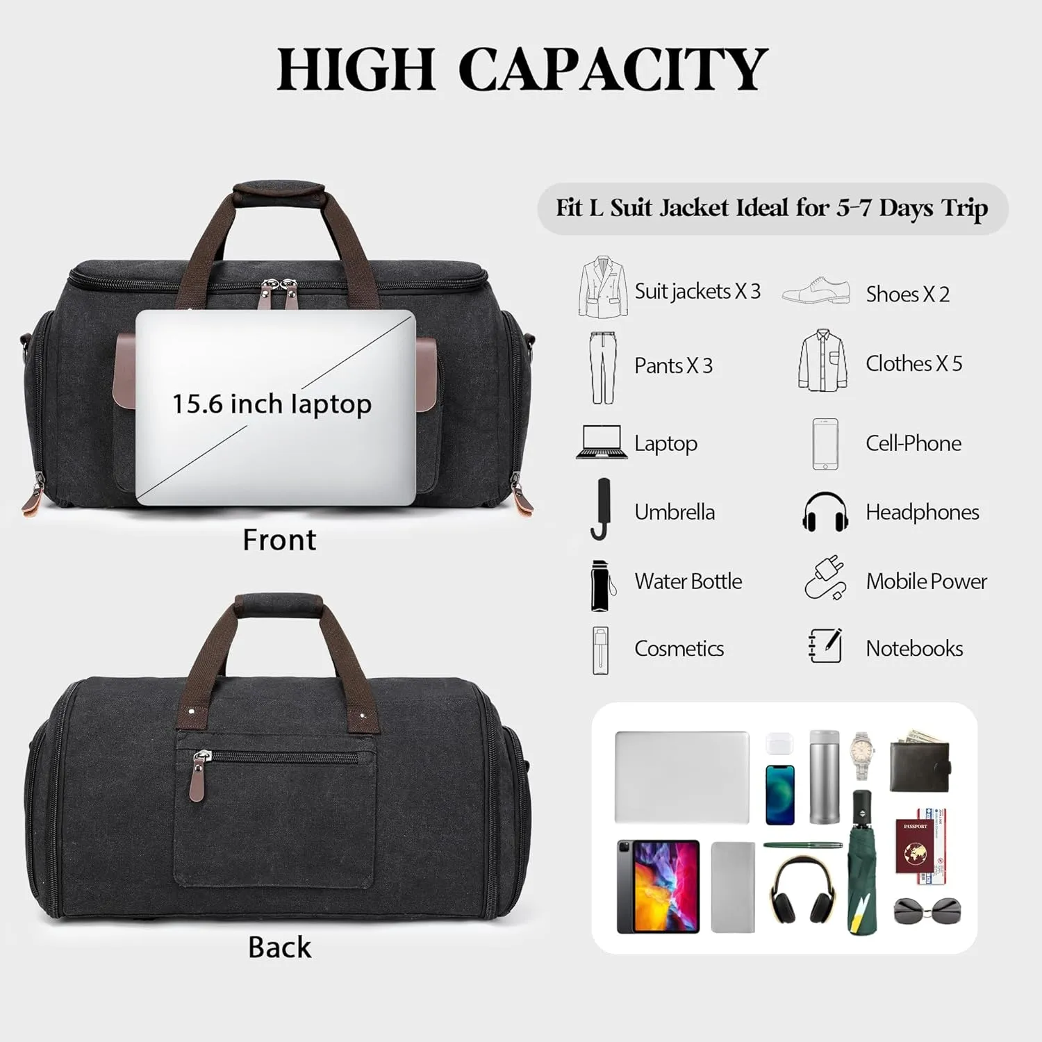 Canvas Garment Bags for Travel, Convertible Carry On Garment Duffel Bag for Men Women, 2 in 1 Suit Bag Hanging Suitcase Business Travel Bag with Shoe Compartment (Black, XL)
