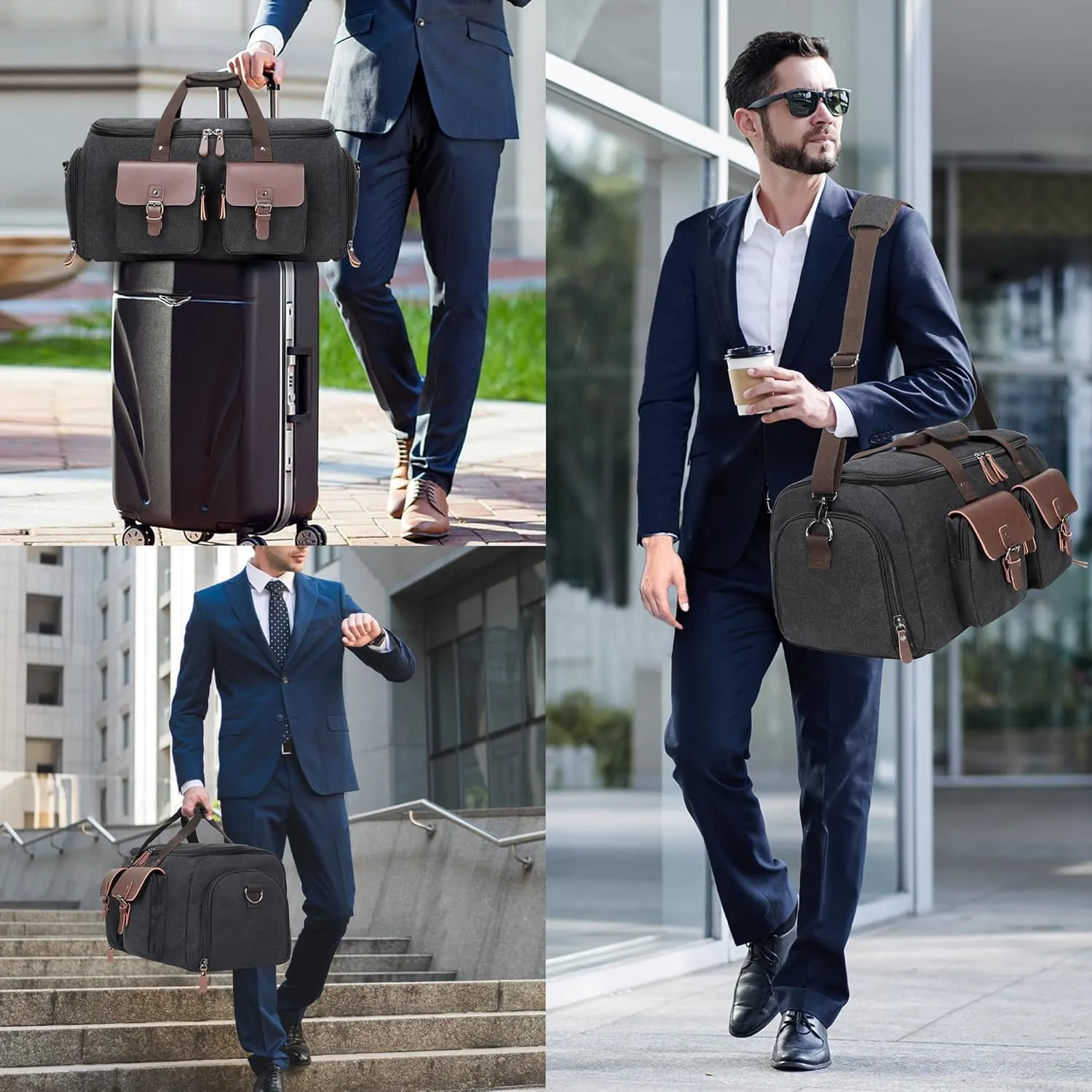 Canvas Garment Bags for Travel, Convertible Carry On Garment Duffel Bag for Men Women, 2 in 1 Suit Bag Hanging Suitcase Business Travel Bag with Shoe Compartment (Black, XL)