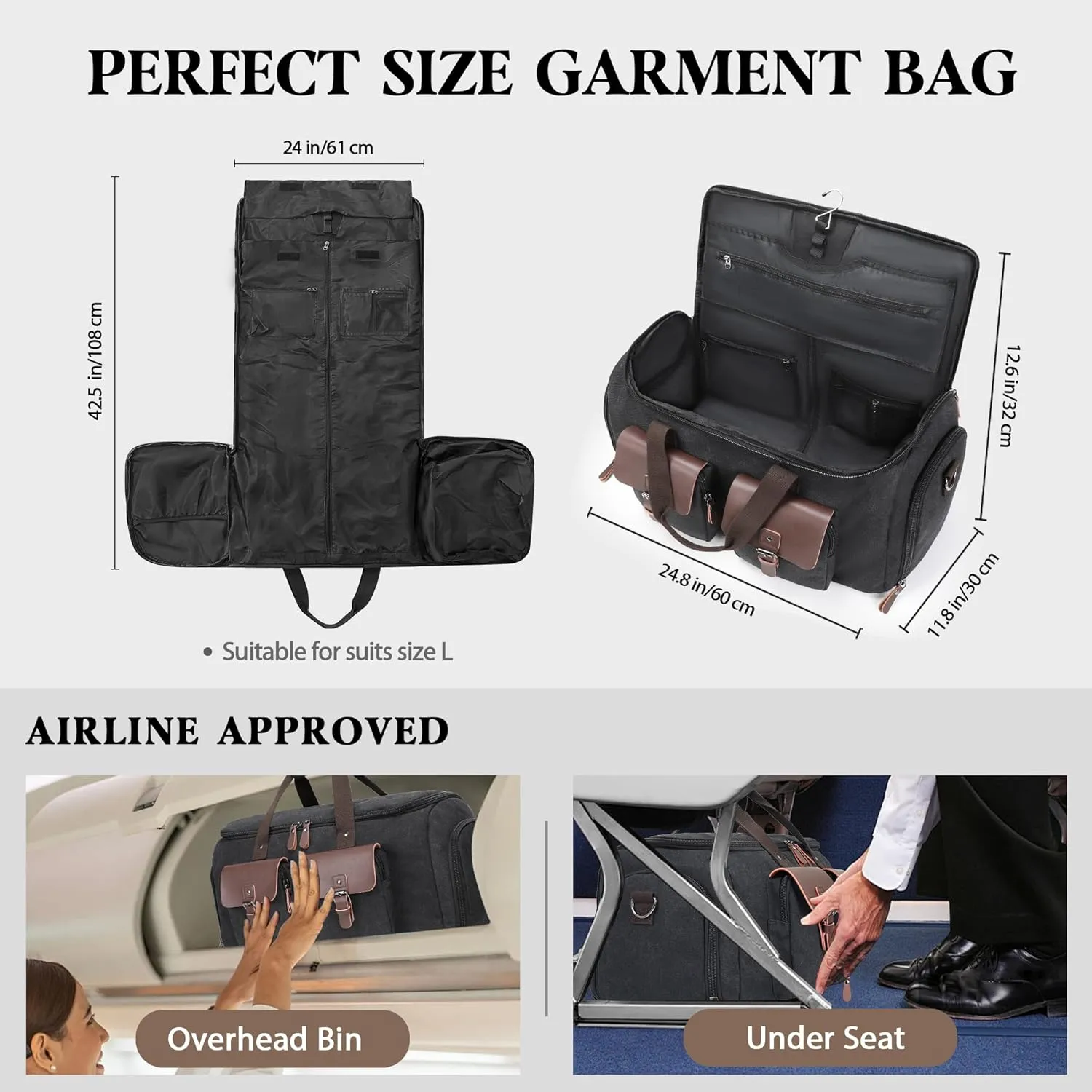 Canvas Garment Bags for Travel, Convertible Carry On Garment Duffel Bag for Men Women, 2 in 1 Suit Bag Hanging Suitcase Business Travel Bag with Shoe Compartment (Black, XL)