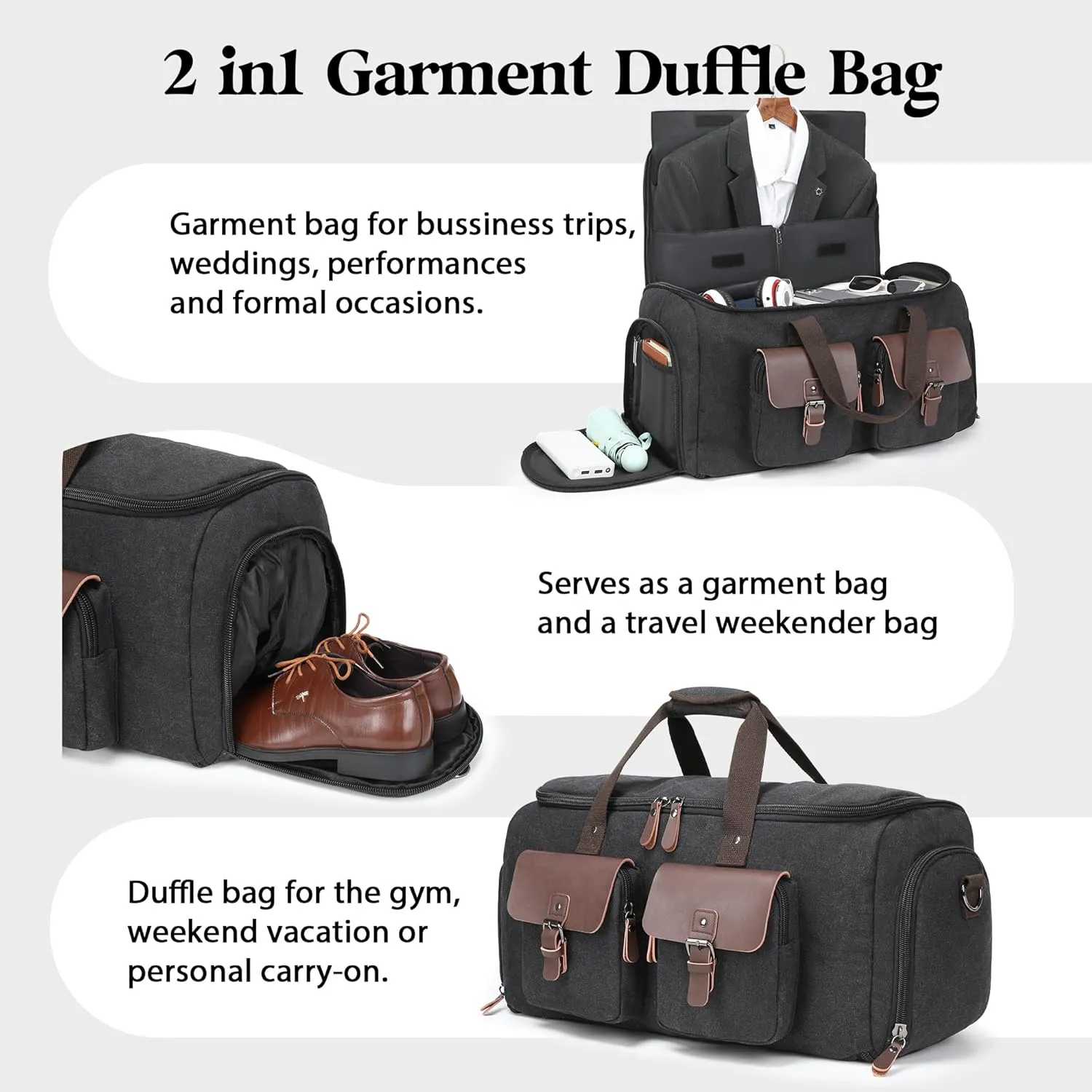 Canvas Garment Bags for Travel, Convertible Carry On Garment Duffel Bag for Men Women, 2 in 1 Suit Bag Hanging Suitcase Business Travel Bag with Shoe Compartment (Black, XL)