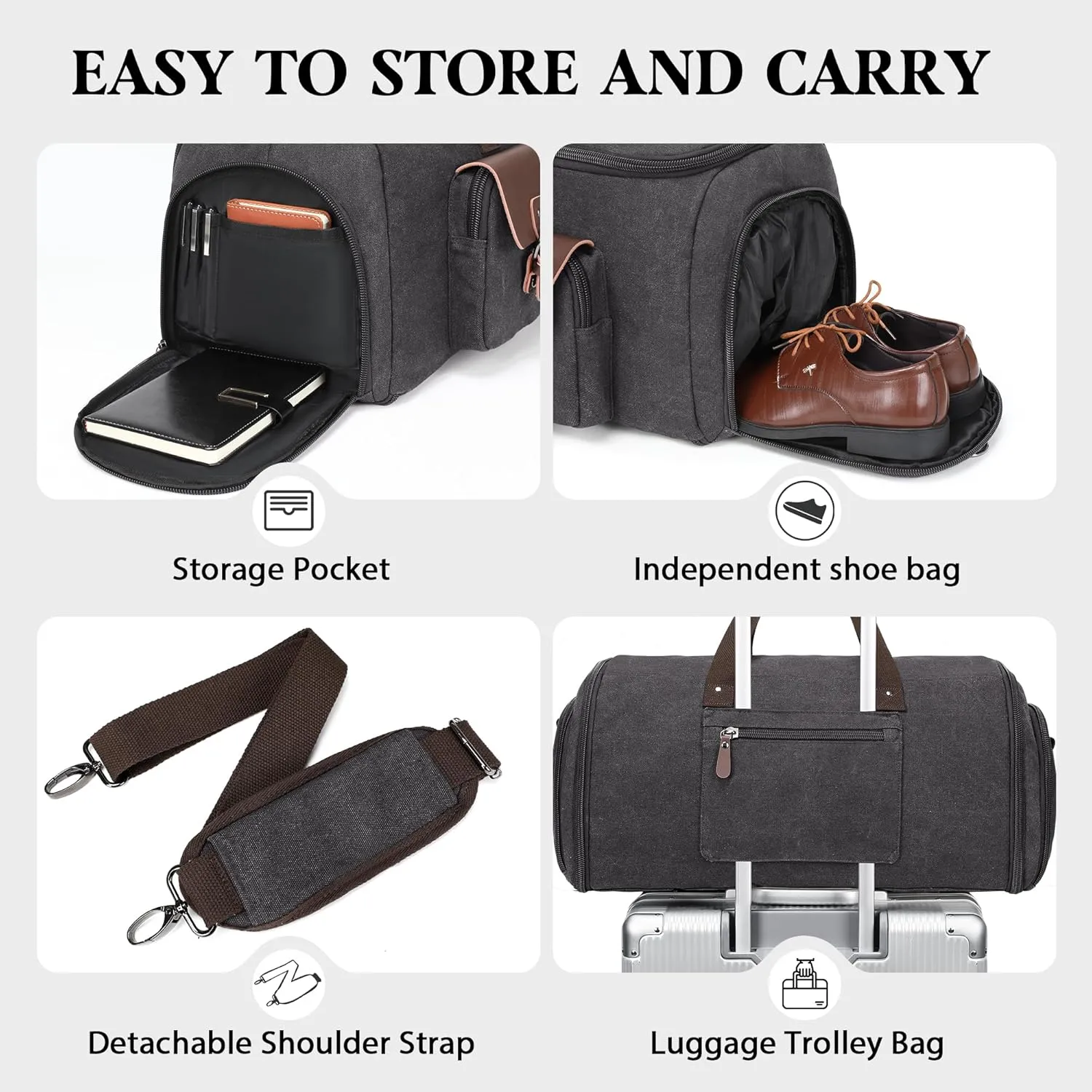 Canvas Garment Bags for Travel, Convertible Carry On Garment Duffel Bag for Men Women, 2 in 1 Suit Bag Hanging Suitcase Business Travel Bag with Shoe Compartment (Grey, L)