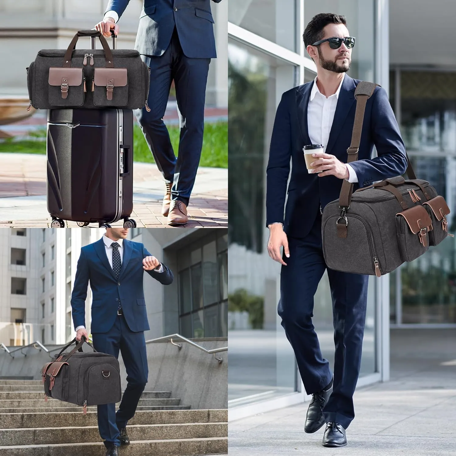 Canvas Garment Bags for Travel, Convertible Carry On Garment Duffel Bag for Men Women, 2 in 1 Suit Bag Hanging Suitcase Business Travel Bag with Shoe Compartment (Grey, L)