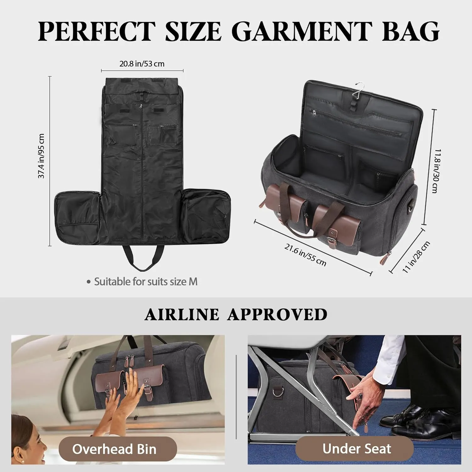 Canvas Garment Bags for Travel, Convertible Carry On Garment Duffel Bag for Men Women, 2 in 1 Suit Bag Hanging Suitcase Business Travel Bag with Shoe Compartment (Grey, L)