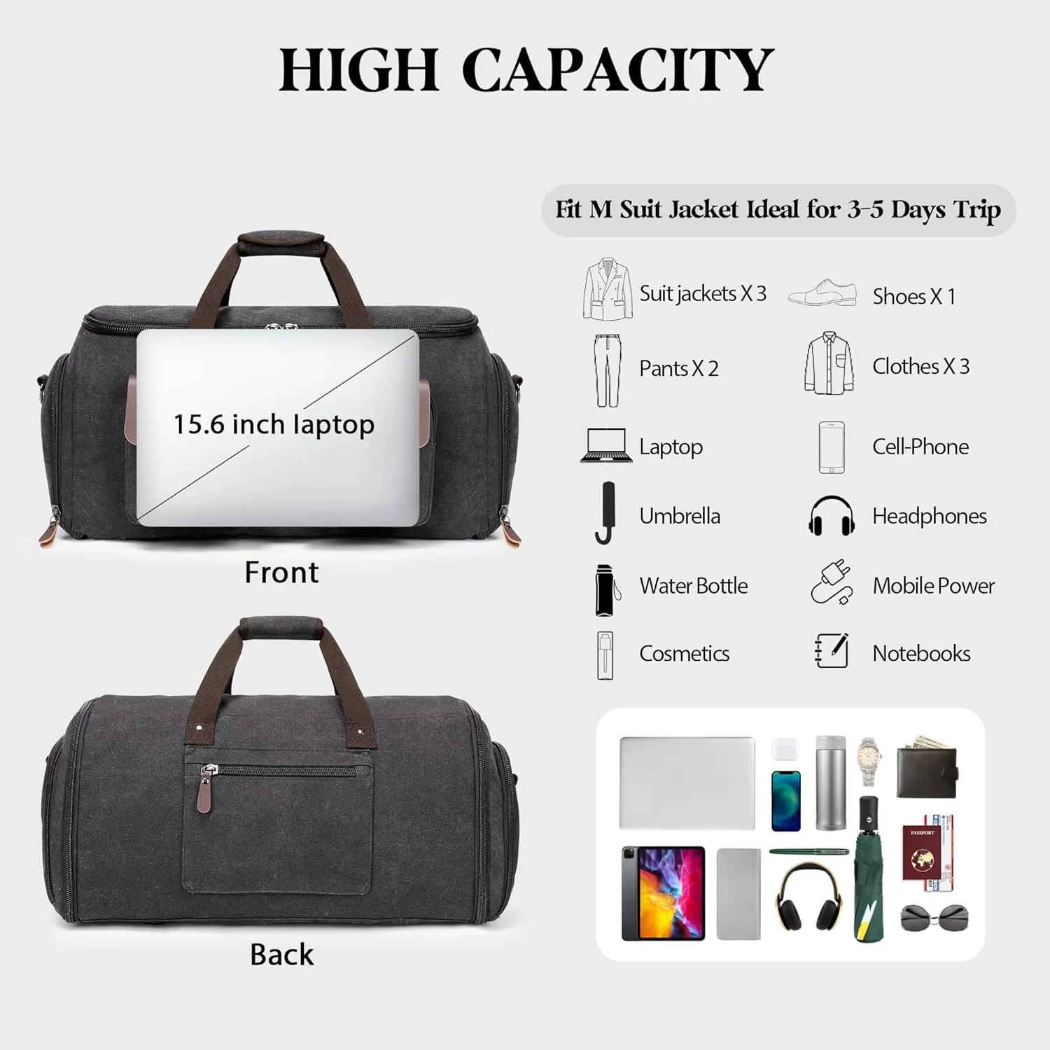Canvas Garment Bags for Travel, Convertible Carry On Garment Duffel Bag for Men Women, 2 in 1 Suit Bag Hanging Suitcase Business Travel Bag with Shoe Compartment (Grey, L)