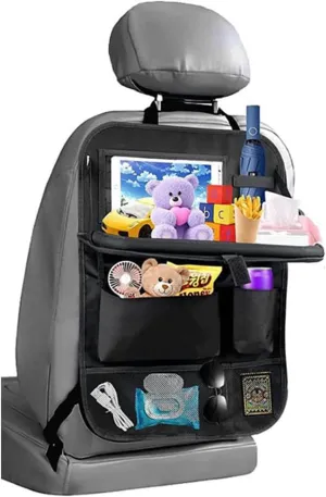 Car Back Seat Organizer with Foldable Food Tray, Hanging Car Seat Storage Organizer Bag with Tablet Holder, Kids Car Kick Mats Seat Back Protector for Travel (Black 1 Pack with Tray)