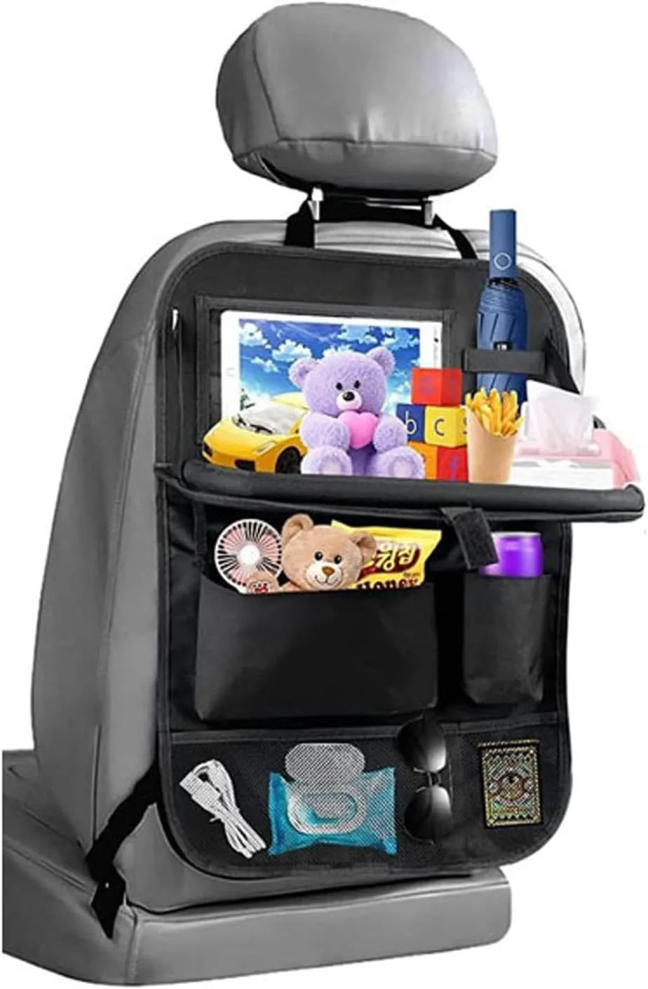 Car Back Seat Organizer with Foldable Food Tray, Hanging Car Seat Storage Organizer Bag with Tablet Holder, Kids Car Kick Mats Seat Back Protector for Travel (Black 1 Pack with Tray)