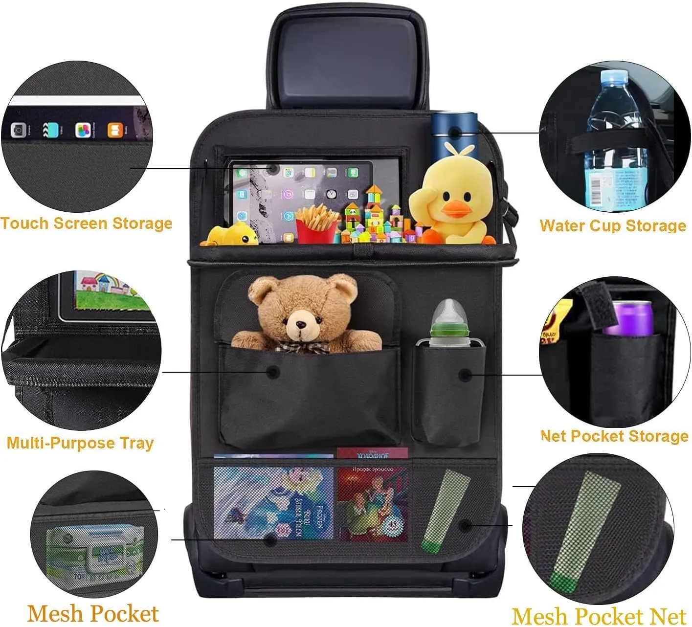 Car Back Seat Organizer with Foldable Food Tray, Hanging Car Seat Storage Organizer Bag with Tablet Holder, Kids Car Kick Mats Seat Back Protector for Travel (Black 1 Pack with Tray)