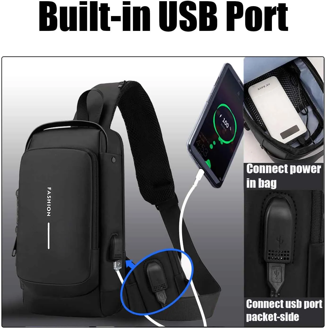 Carbon Fiber Streamline Anti-Theft Sling Bag, USB charging port Sport Waterproof Shoulder Bag, for Daily Trips, Commutes (Blue Gold)