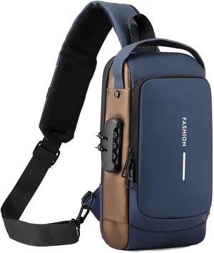 Carbon Fiber Streamline Anti-Theft Sling Bag, USB charging port Sport Waterproof Shoulder Bag, for Daily Trips, Commutes (Blue Gold)