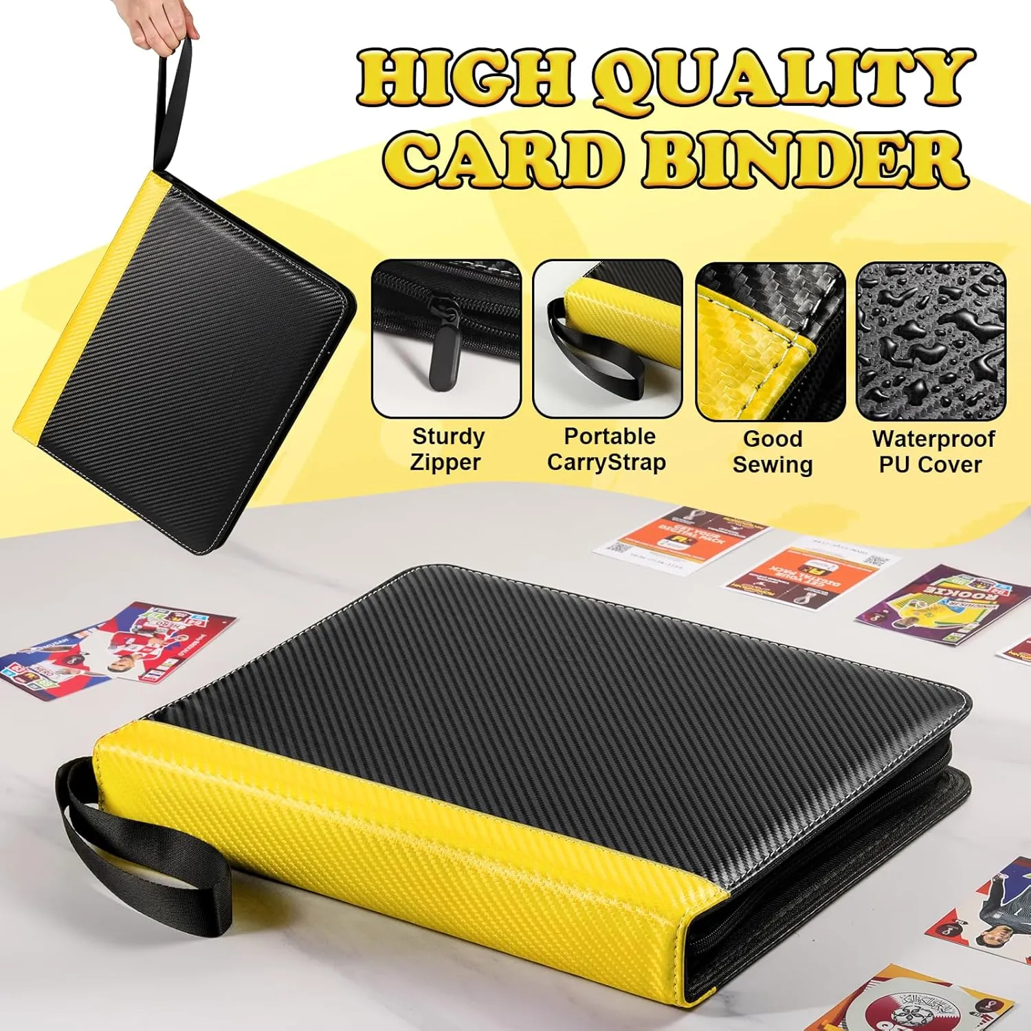 Card Binder for Pokemon Card, 9 Pocket 40 Double-Sided Pages for 720 Card Pocket Premium Zip PU Card Binder for Pokemon, Collectible For TCG,MTG,Baseball,Football Trading Card Game (Yellow)