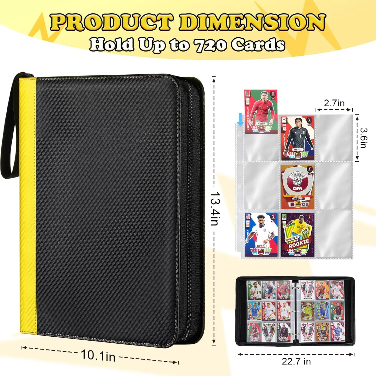 Card Binder for Pokemon Card, 9 Pocket 40 Double-Sided Pages for 720 Card Pocket Premium Zip PU Card Binder for Pokemon, Collectible For TCG,MTG,Baseball,Football Trading Card Game (Yellow)