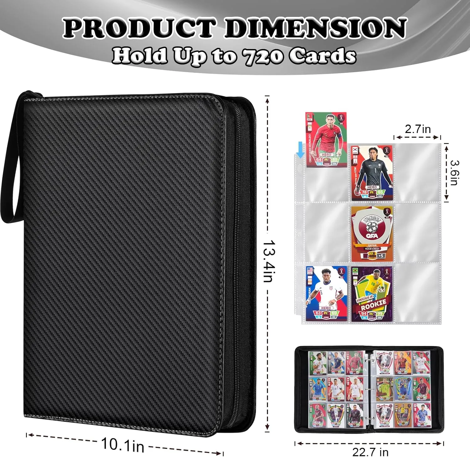 Card Binder for Pokemon Card, 9 Pocket 40 Double-Sided Pages for 720 Card Pocket Premium Zip PU Card Binder for Pokemon, Collectible For TCG,MTG,Baseball,Football Trading Card Game(Black)