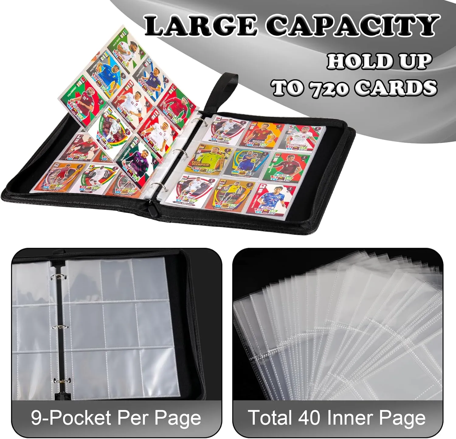 Card Binder for Pokemon Card, 9 Pocket 40 Double-Sided Pages for 720 Card Pocket Premium Zip PU Card Binder for Pokemon, Collectible For TCG,MTG,Baseball,Football Trading Card Game(Black)