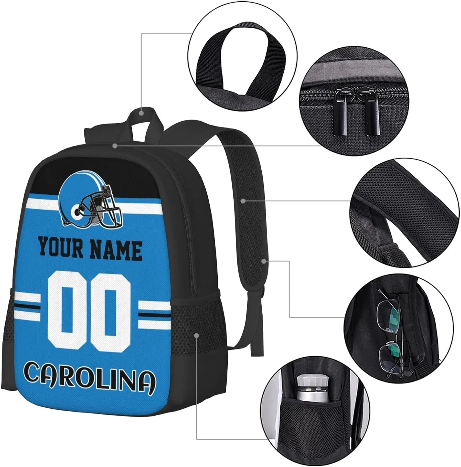 Carolina Backpack Custom Football Style Backpack Personalized Name and Number Backpacks Customized High Capacity Bag Gifts for Men Women Fans